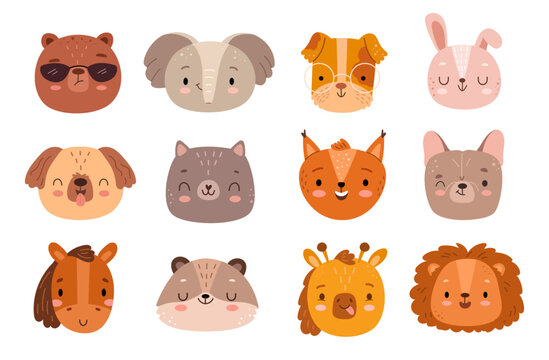Animals face stickers. Cute animal kawaii funny emoji or avatar of bear, elephant and dog, rabbit and cat, raccoon, horse, lion and squirrel. Cartoon comic kitten and puppy, character doodle emotion