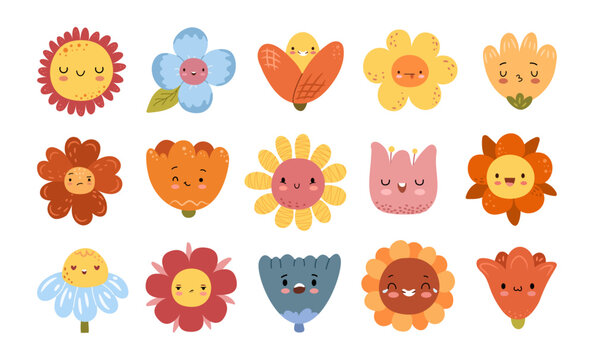 Cartoon flower faces with different emotions isolated icons set. Funny emoticon groovy blossom patches. Cute blooms in trendy retro style, daisy and chamomile, tulip and peony smiling characters