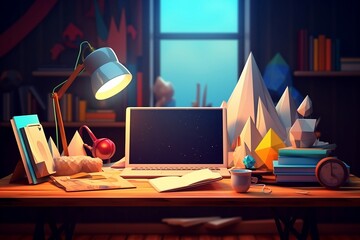home office wfh with warm light old vintage desk lamp 3d low poly graphic, generative AI