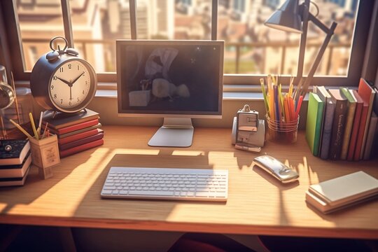 work desk home office corner with big window and warm sunlight with wooden table 3d graphic, generative AI