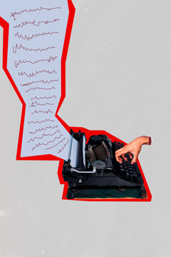 Design 3d collage composite illustration of oldschool retro mechanical keyboard write memoirs letterpress isolated on grey background