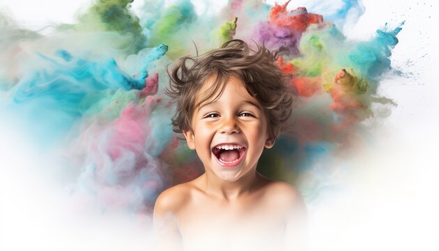 Naklejki Happy caucasian child smiling in a cloud of colorful smoke on a white background, having fun, colors, color explosion, holi, LGBTQ+, party, peace, inclusive, beauty, freedom. Generative AI.