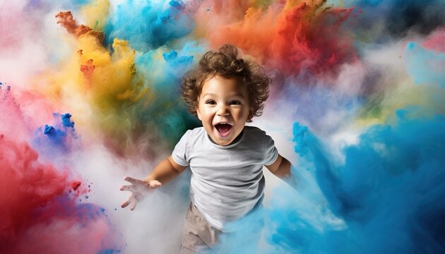 Happy caucasian child smiling in a cloud of colorful smoke on a white background, having fun, colors, color explosion, holi, LGBTQ+, party, peace, inclusive, beauty, freedom. Generative AI.