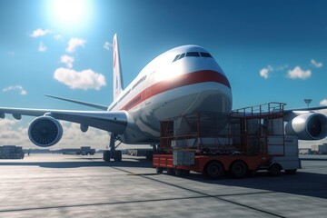 Fototapeta na wymiar Loading a cargo plane at the airport. A cargo trolley delivering cargo to the jet on the airfield. International freight transport, airmail and logistics concept. 3D illustration.