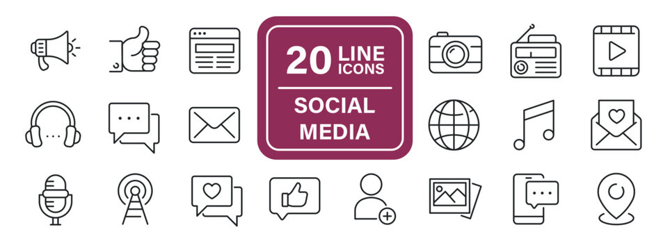 Social media line icons. Editable stroke. For website marketing design, logo, app, template, ui, etc. Vector illustration.
