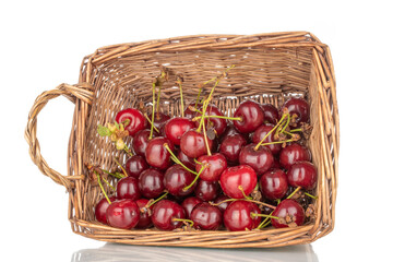 Several juicy red cherries in a basket, macro, isolated on a white background.