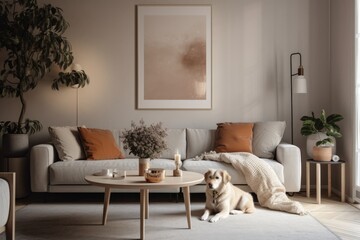 Cozy living room design with modern sofa, coffee table, and vase of fresh flowers. superior photograph. Generative AI