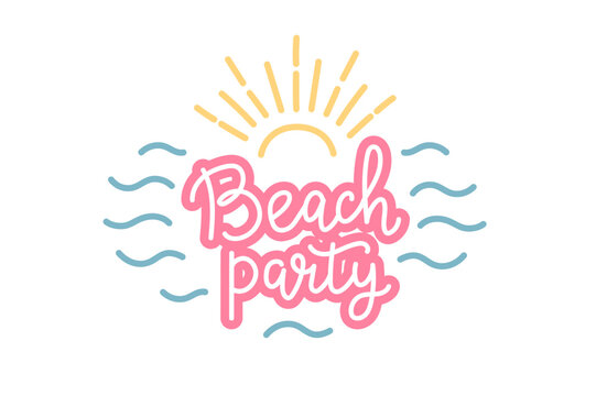 Beach party lettering with sun and waves, quote for designs and prints. Hand drawn vector illustration