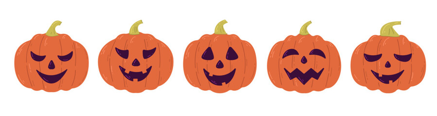 Set pumpkins with different smiles, symbol of Halloween holiday. Vector hand drawn illustration