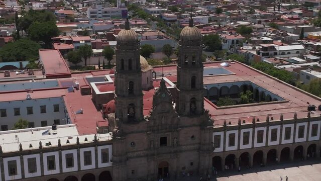 Basilica of Our Lady of Zapopan, Guadalajara, Mexico, pushing in drone shot