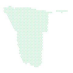 Map of the country of Namibia with dollar sign icons on a white background