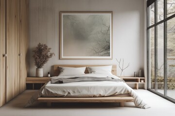 Close up of a vintage wooden table top or shelf in a zen like setting, above a modern minimalist bedroom with a double bed, a shower, and a large picture window,. Generative AI