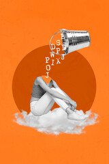 Template minimal creative collage of headless unusual surreal person picture bucket letters trash...