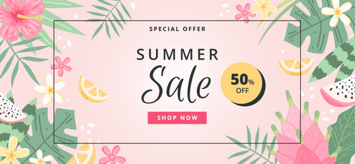 Summer sale banner with flowers, leaves and fruits. Hand drawn colorful trendy vector illustration