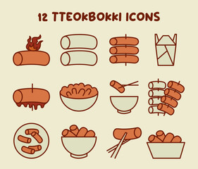 Tteokbokki icons set. Traditional asian street food. Korean stir-fried