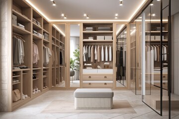 Dressing room and walk in wardrobe in modern style, interior scene and mockup. Generative AI