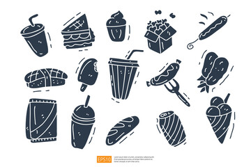 toast sandwich, cone ice cream, fork sausage doodle icon. Fast food, Cuisine and drink solid icon Set Vector Illustration