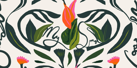 Abstract silhouette exotic botanical shapes print. Hand drawn collage contemporary seamless pattern. Sign "My small garden".