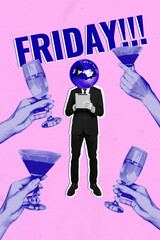 Vertical collage of headless man formal uniform clothes use tablet glass wine champagne cocktail...
