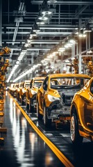 Naklejka premium Futuristic electric cars at a factory with copy space. Generative AI