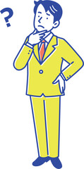 立って考え事をしているスーツ姿の男性　全身イラスト