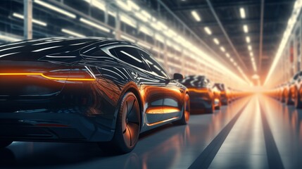 Obraz premium Futuristic electric cars at a factory with copy space. Generative AI