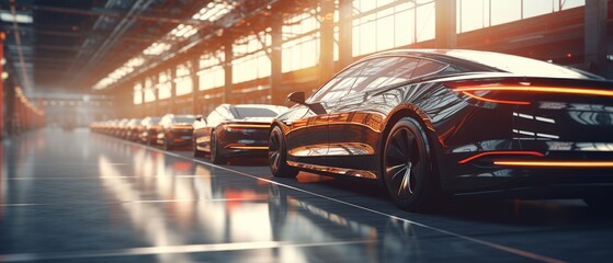 Futuristic electric cars at a factory with copy space. Generative AI