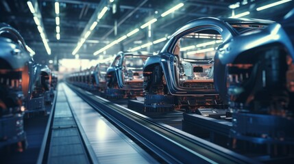 Futuristic electric cars at a factory with copy space. Generative AI