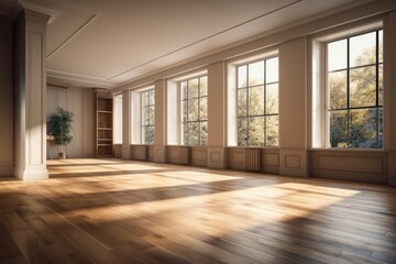 Empty room that is not furnished and has beige walls, a parquet floor, a white plinth, a large window that spans the entire wall in the middle, and two windows on the right. on a Window with a Work Pa