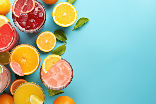 Top view of summer citrus cold drinks with citrus juice, orange slices, ice cubes, mint isolated on blue background with copy space. Summer refreshment time concept. Generative AI photo imitation.