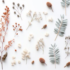 Christmas floral pattern. Winter composition of eucalyptus leaves and branches, larch cones and baby's breath flowers on white table background. Flat lay, top view.