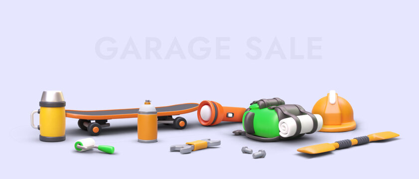 Yard sale. 3D tools, spare parts, travel accessories, skateboard. Horizontal banner for sign. Sale of used items. Bright template with cute illustration. Place for text, date