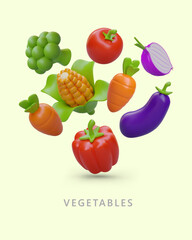 Mix of 3D colored vegetables. Natural vegetarian ingredients. Poster with floating images. Concept for grocery store, greengrocery, summer market. Advertising in cartoon style
