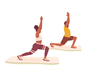 American woman and male doing yoga. Concept of healthy and active lifestyle. Boosting confidence with sports and workouts. Regular physical activity. Vector flat illustration