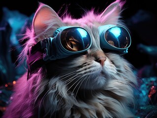 White cat wearing VR headset, surreal worlds and colorful, black in the background and purple...