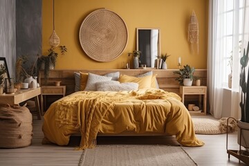 Close up of a mock up of a modern Scandinavian timber bedroom with yellow toned rattan furniture, a double bed with a comforter and pillows, a mirror, and decorations. idea for an interior design conc