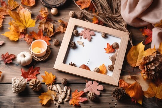 composition for autumn. Autumn themed picture frame. top perspective, copy space, and a flat lay. Generative AI