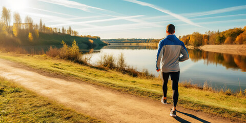 Fototapeta premium Young man running on pier near river in morning. Generative AI