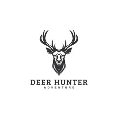Deer Hunter icon logo design template. Monochrome deer head from front logo vector illustration