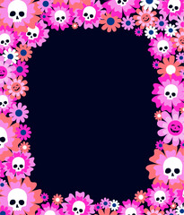 Frame of colorful pink flowers with white sculls and copy space for text in the middle. Vector illustration for Halloween card and banners
