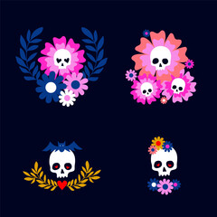 Four logo with scull and flowers for decoration. Vector illustration, creepy and cute icons