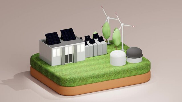 3D loop of building powered with alternative energy. Isometric view