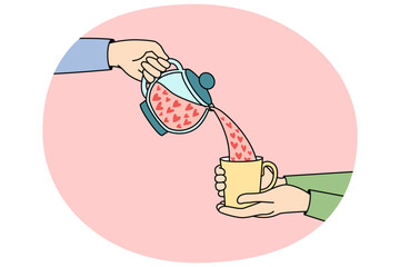 Pouring tea with hearts from teapot to cup. Concept of valentine day celebration and greeting. Love and relationships. Vector illustration.