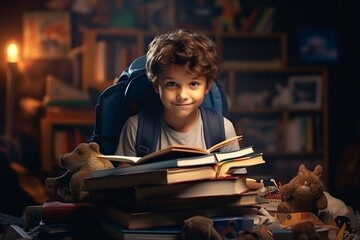 a little boy is reading a book. fairy tale background. back to school. generative ai.