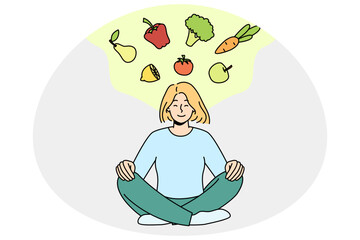 Calm young woman meditating thinking of healthy eating. Happy girl in lotus pose go vegetarian and diet. Eco and organic products. Vector illustration.