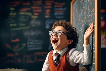 cheerful little boy near school blackboard.surprised .knowledge. fairy tale background. back to school.  generative ai.