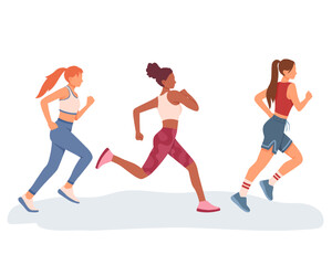 Fototapeta na wymiar Pretty young ladies running outside. Doing cardio exercises together. Concept of healthy and active lifestyle. Running competition. Time to lose weight. Vector flat illustration