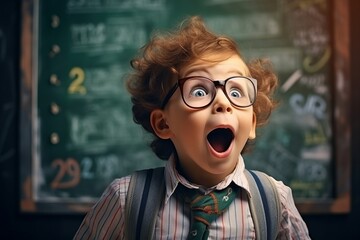 cheerful little boy near school blackboard.surprised .knowledge. fairy tale background. back to...