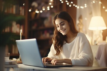 the girl sits at the laptop in the room. studies. generative ai.