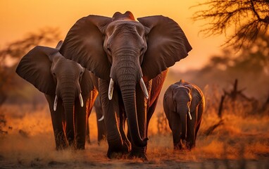 A herd of elephants walking across a grass covered field. AI